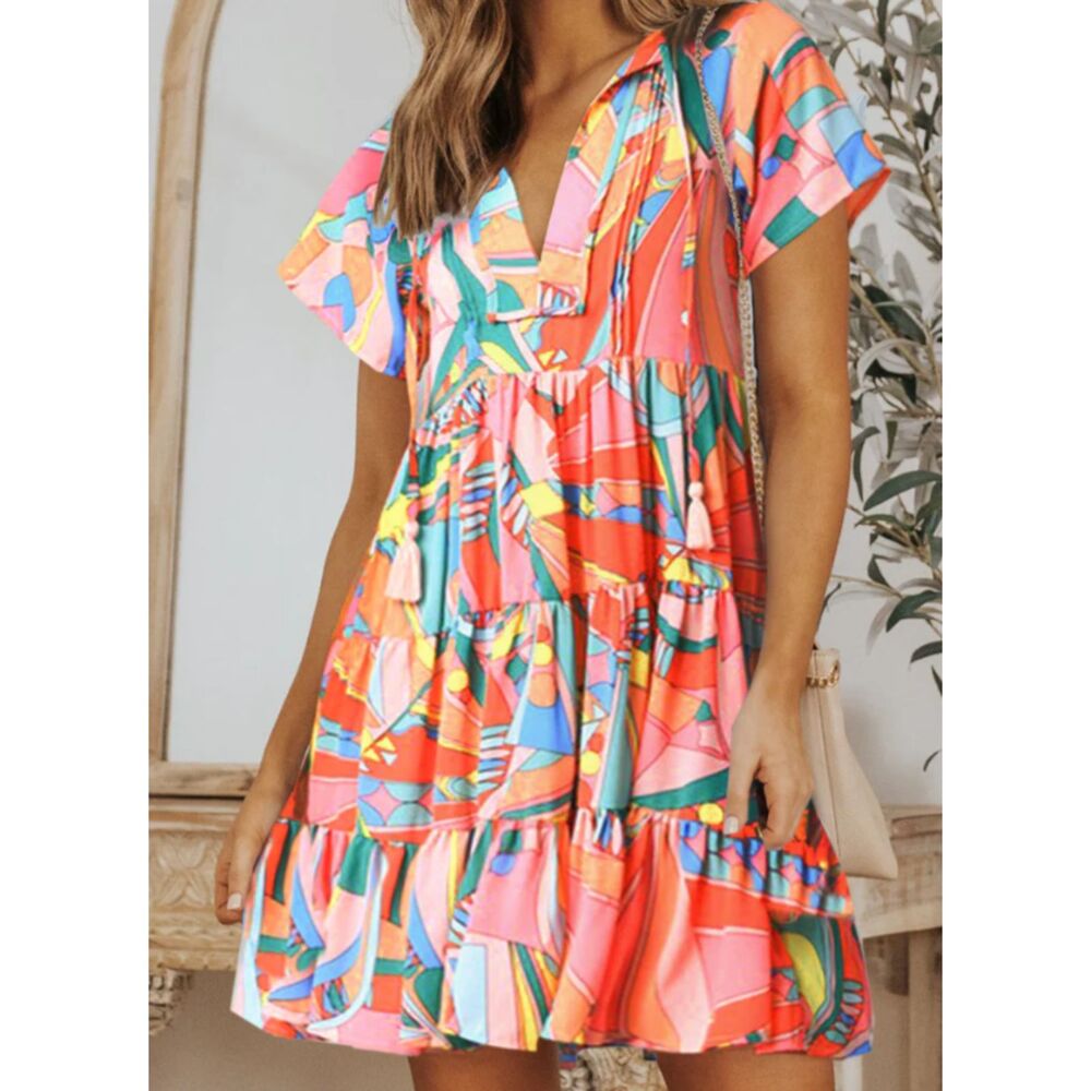 Women's Abstract Geometric Print Tassel Tie Dress | XL